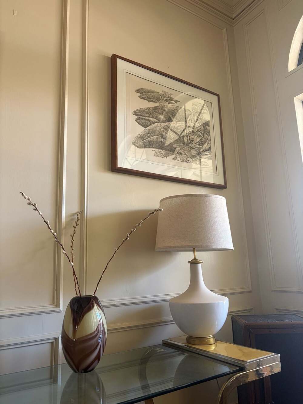 Ceramic Table Lamp with Gold Accents and Linen Drum Shade